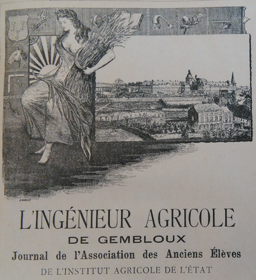 Couverture de L’Ingénieur agricole de Gembloux pour l’année académique 1894-1895. Lithographie de J. Gobiet. Cérès, déesse romaine des moissons, veille sur l’Abbaye de Gembloux.