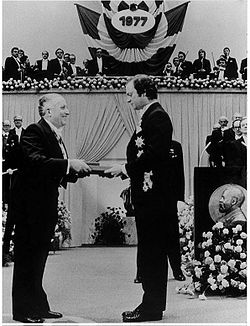 Ilya Prigogine receiving the Nobel prize in chemistry in 1977